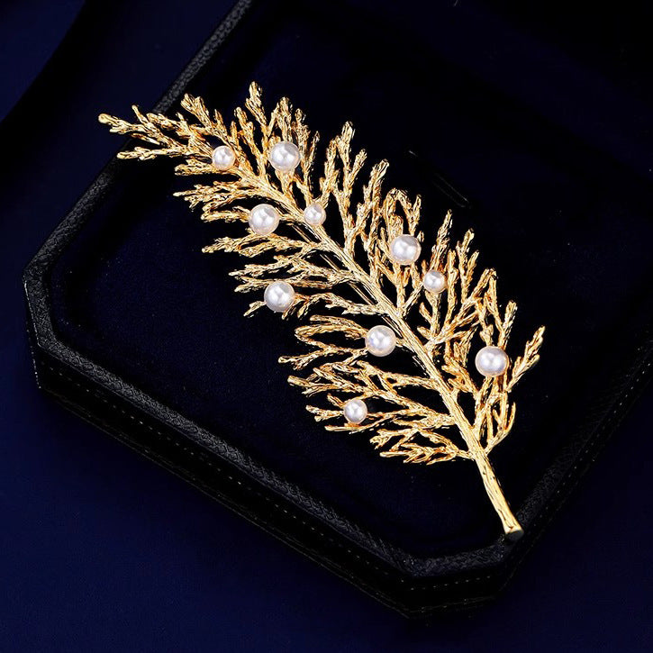 Gold Pine Branch Crystal Brooch for Women