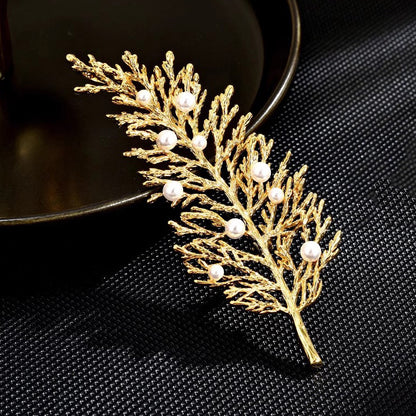 Gold Pine Branch Crystal Brooch for Women