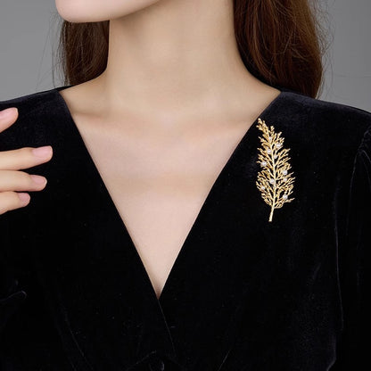 Gold Pine Branch Crystal Brooch for Women