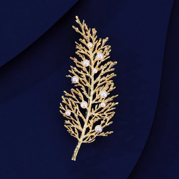 Gold Pine Branch Crystal Brooch for Women