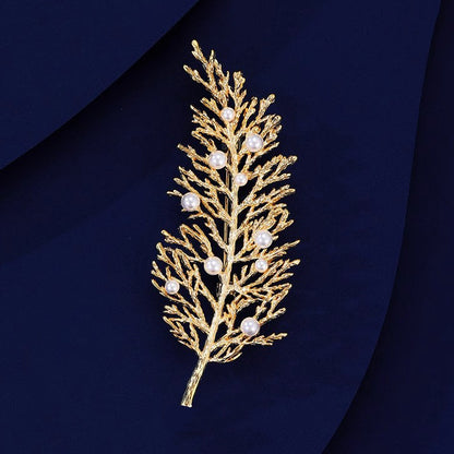 Gold Pine Branch Crystal Brooch for Women