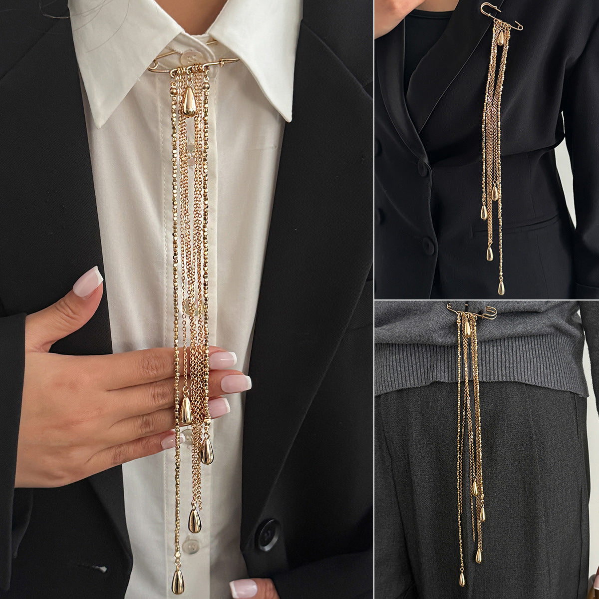 Xunora Gold Geometric Tassel Chain Brooch for Women