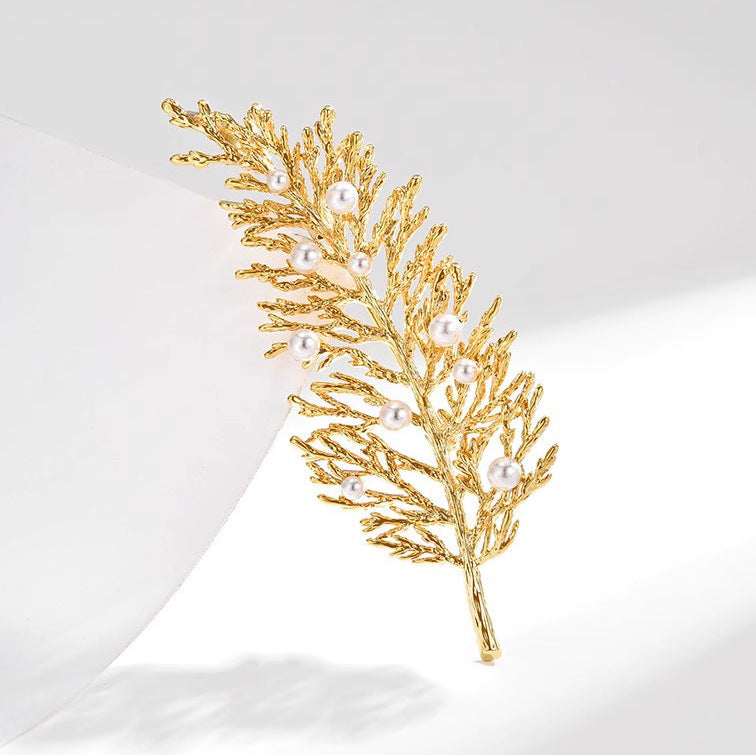 Gold Pine Branch Crystal Brooch for Women
